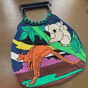 Vintage Australia purse Plastic Beaded Koala Kangaroo Handle Bag Pouch